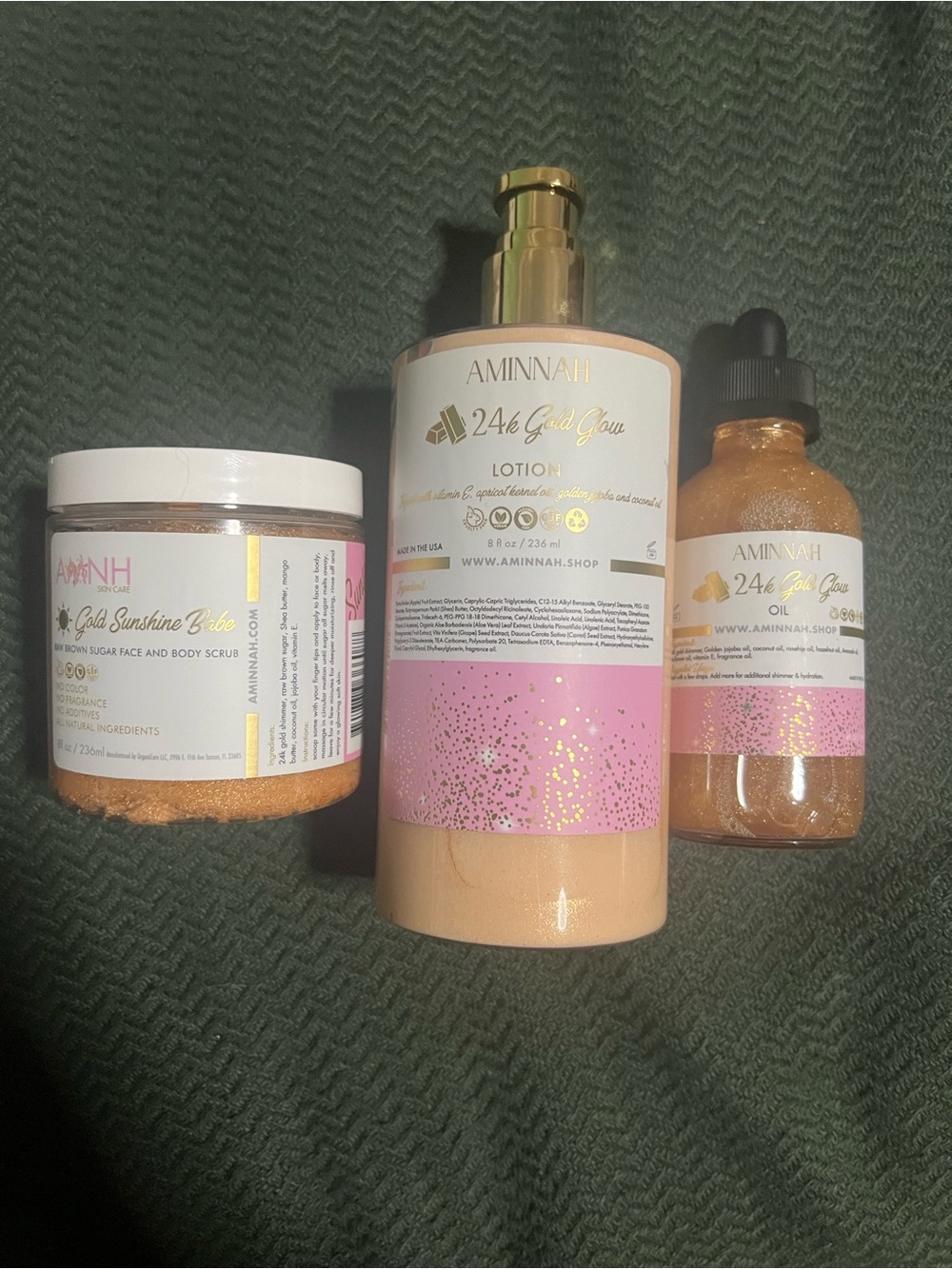Aminnah 24k Gold Sunshine Body Lotion & Serum with Sugar Scrub Bundle